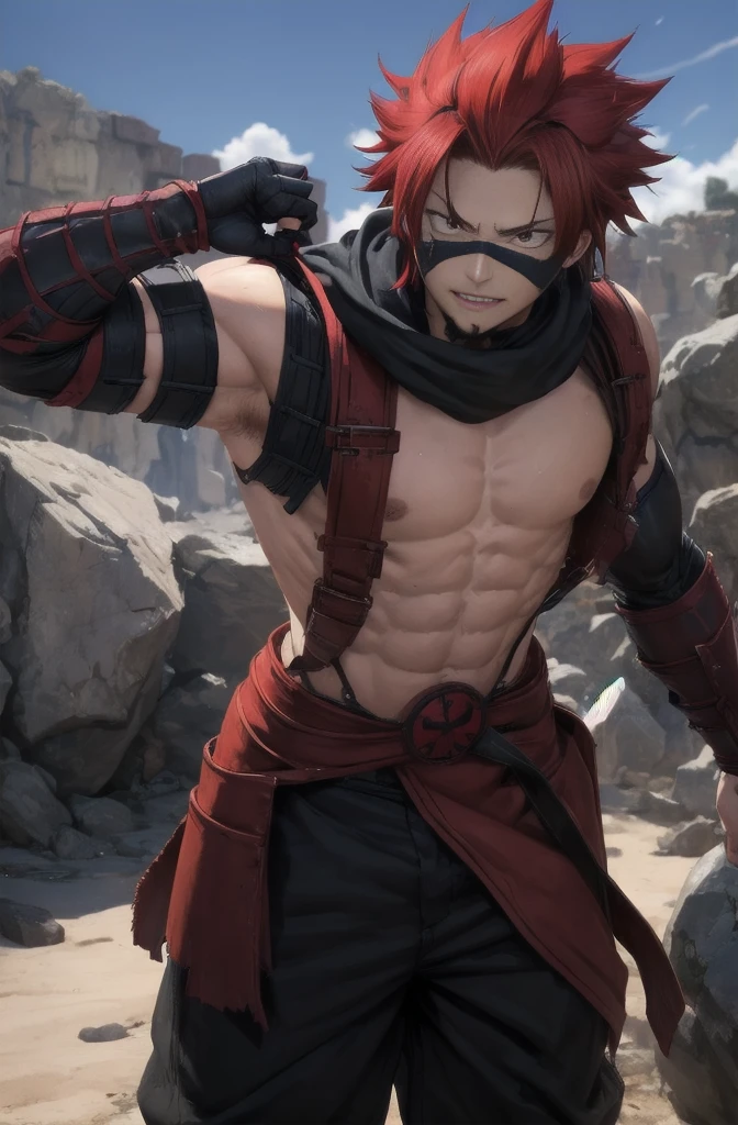 hero costume: mask, topless male, black pants
Add red hair and red eyes if necessary., hairstyle: His hair is wild and spiky, often directed upwards, which gives it a striking appearance. Statur: He is strong and muscular, which underlines his physical strength. Features: Kirishima has square, markante Features. His eyes are often determined and energetic.
Teeth: He has sharp, spitze Teeth, which are sometimes visible, when he smiles or fights., scar: If his Quirk, Hardening, is activated, erscheinen scar und Risse auf seiner Haut, which give it an even harder and more robust appearance.
Heldenkostüm: His hero costume consists of a red and black armor. The armor has an exposed upper body, so as not to impair mobility, and he wears a red mask, which emphasizes his eye area. In addition, there are wide, red wristbands.
Miscellaneous: His hero name is "Red Riot", which is underlined by the strong colors of his costume and his impressive appearance.