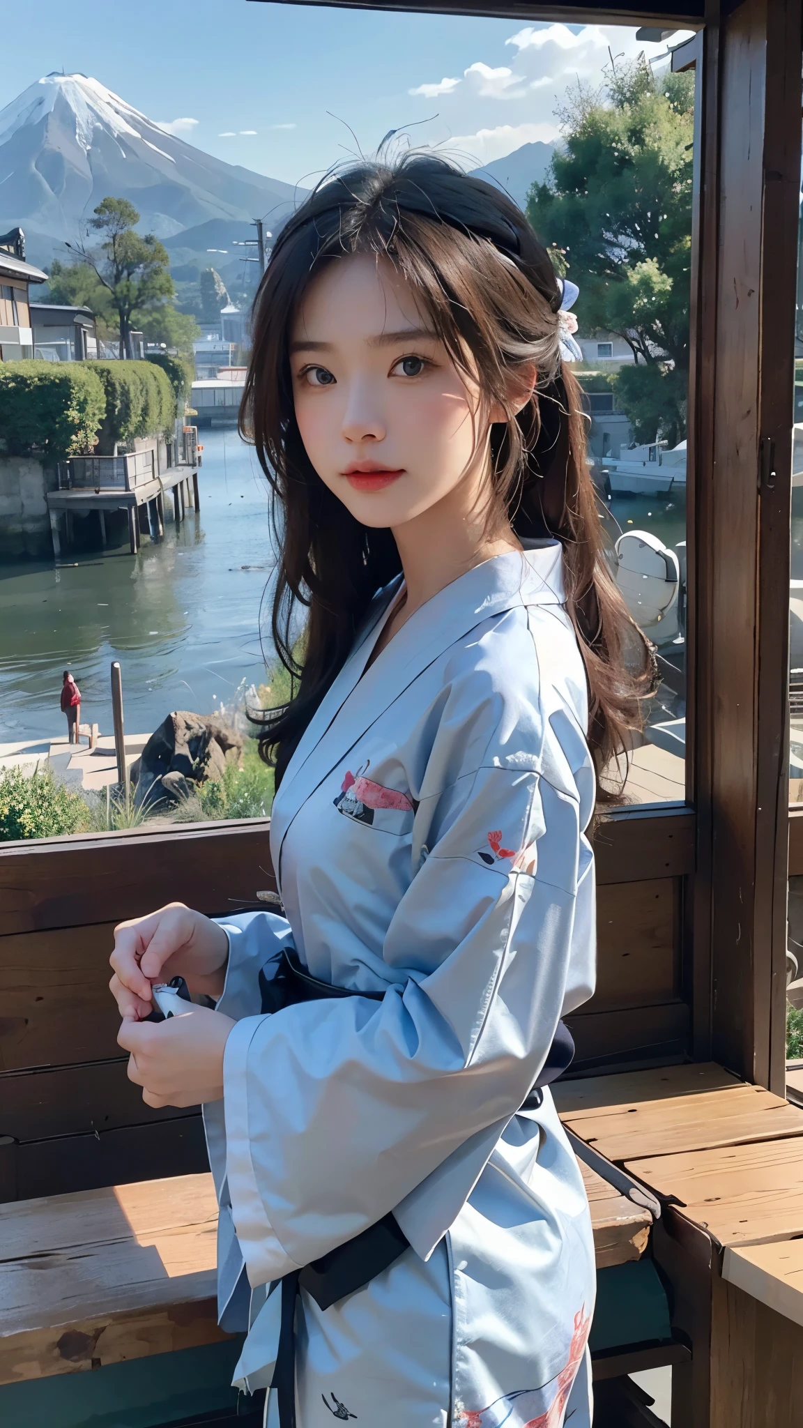 Top quality masterpiece:1.2Ultra high definition、High resolution、Kimono beauty Ultra HD detailed background:1.37 Detailed Eyes:1.5、With beautiful detailed eye feel:1.2、Style 1 Girl:1.2 people、Young girl:1.2 people 美少女:1.37、Long Hair Girl:1.4。Expressive Face:1.5、Expressive Faceの着物姿:1.2、Retro kimono Mount Fuji scenery:1.37、Outdoor、Beautiful clear sky:1.4、On a hill overlooking the sea
