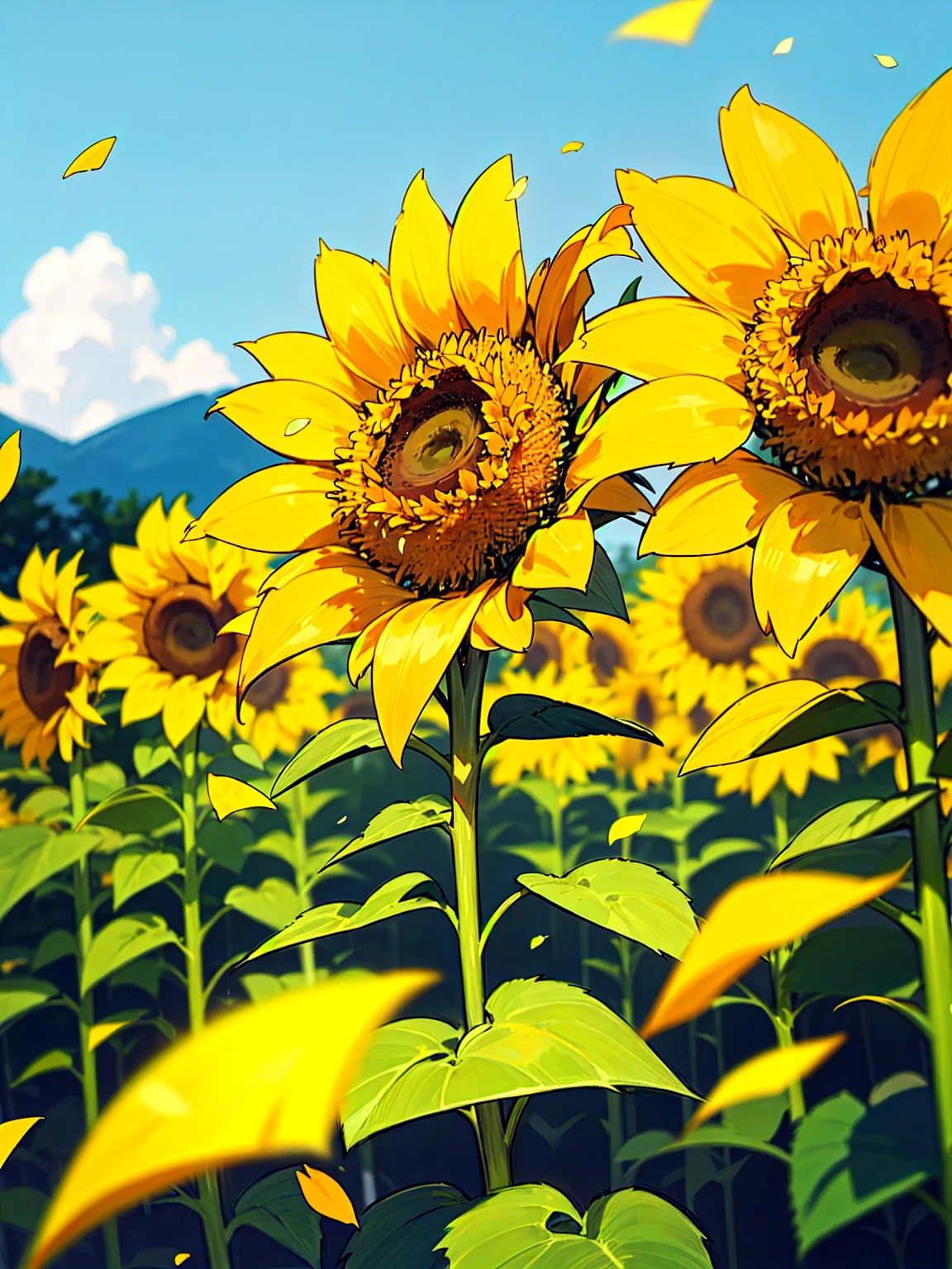 Sunflower, field, Giant Sunflowers around, sunflowers petals on air, landscape, 8K, RAW photo, best quality, masterpiece