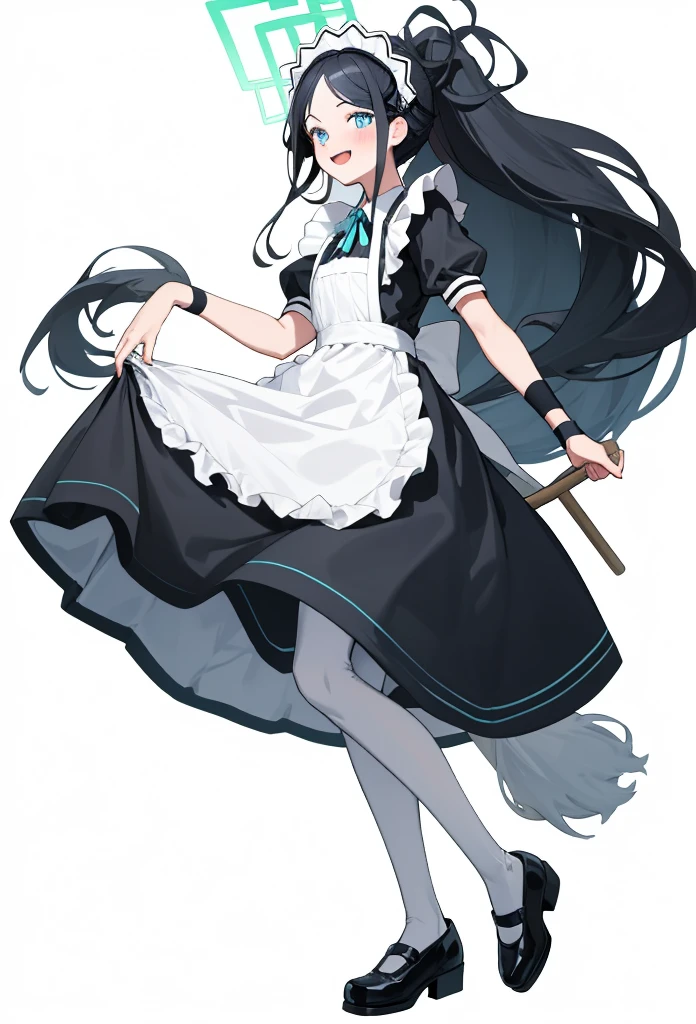 best quality, masterpiece, highres, solo, (arisu_bluearchive:1.10), 1girl, black dress, frilled apron, maid apron, maid headdress, official alternate costume, ponytail, puffy short sleeves, white apron, black footwear, looking at viewer, shoes, simple background, white background, white pantyhose, borrowed clothes, full body, smile, absurdly long hair, blush, holding, open mouth, black wristband, closed mouth, mop, 9 