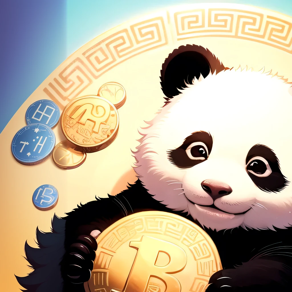 panda bear holding a coin on a plate with blue background, Satoshi, just kidding, panda, bitcoins, panda panda panda, crypto, cryptocurrency, cute panda, adorable digital painting, by Yang J, cute detailed digital art, by Brian Thomas, inspired by Zhu Da, by Luis Miranda, fanart oficial