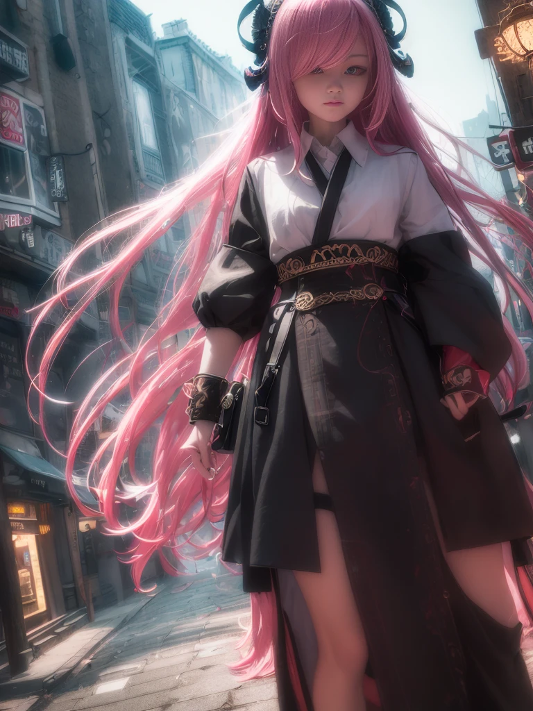 One girl, Long pink hair, Red Corner, White collared shirt, Black tie, A light smile, Yellow Eyes, Keratinous_force,, building,shop,Town Street, Dark Sky, scenery,Neon Signs,City of night, Japanese lyrics,, , Absurd, Fine grain, Very detailed, Volumetric lighting, Realistic, Realistic lighting, 8K, Cinema Lighting, Depth of written boundary, perfection, Super detailedな, photoRealistic, ultra Realistic, Realistic light, hard lighting, Intricate details, stop-motion, Tone Mapping, Sharp focus, Super detailed,