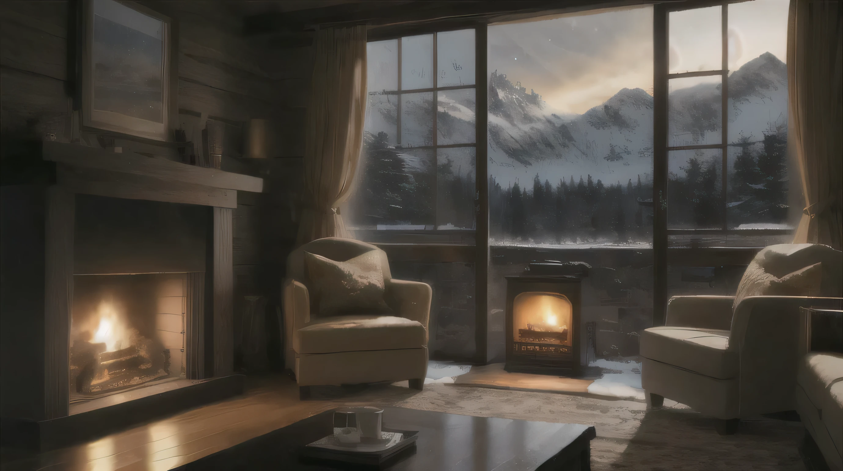 Cozy cottage, fireplace, window, Snowy mountains in the background, Masterpiece Real, Best quality, Perfect detail, Intricate details, Nice lighting, Detailed Background,