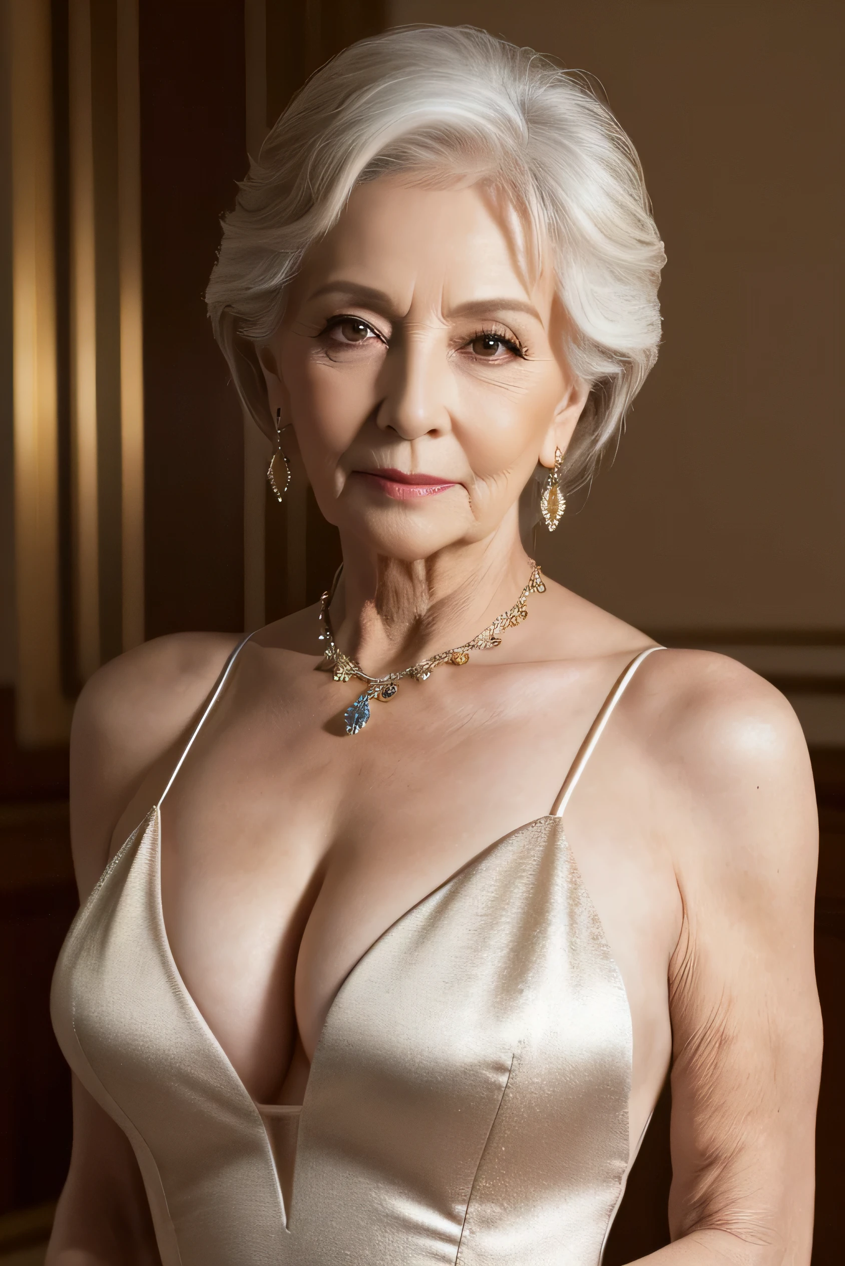 Highest quality, masterpiece, High resolution, Realistic, RAW Photos, 8k wallpaper, perfection, Professional Lighting, Very detailed, ((One beautiful woman)), 80 years old, Sexy Woman, ((leotard)), Cleavage, Upper Body, ((look into the viewer'eye)), Detailed face, Beautiful eye, ((I'looking forward to it)), In the stylish dining room, sunny, bangs, Shapely breasts, Short Bob Hair, Plump and glossy lips, Cowboy Shot, ((Place your arms between your legs))