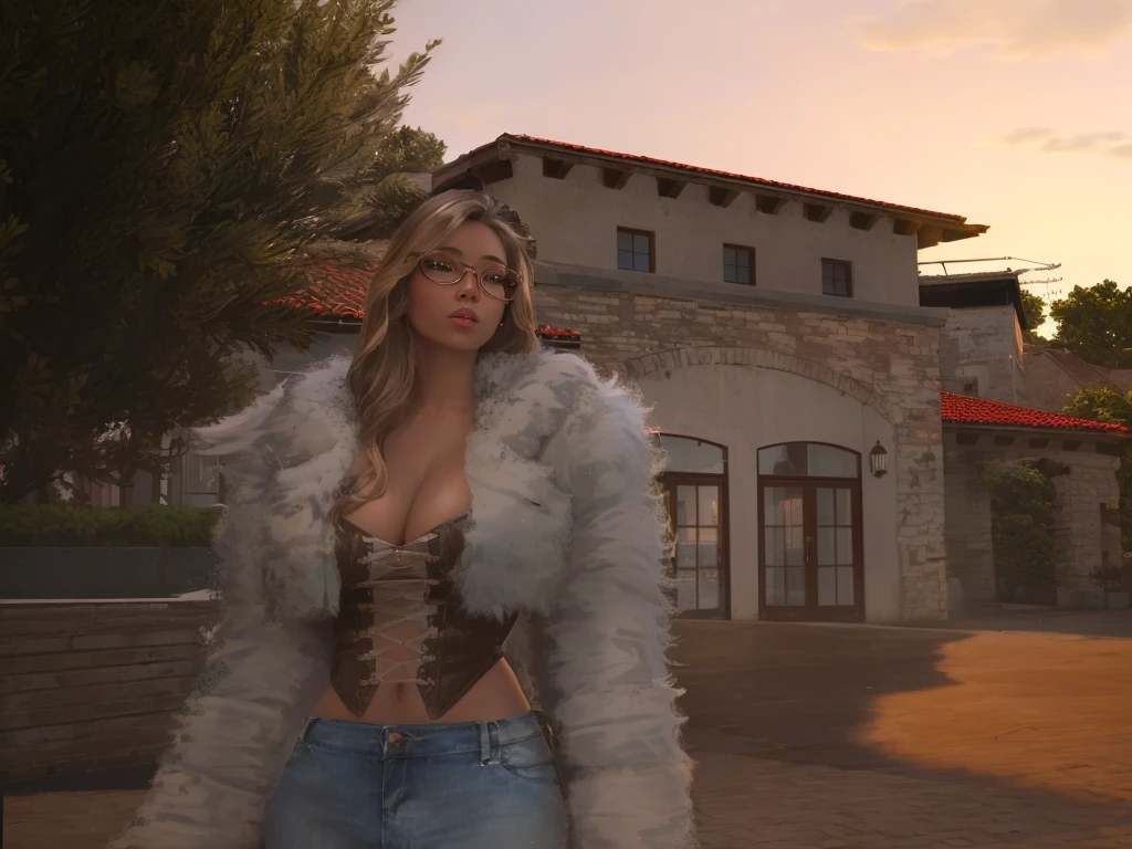 A light skinned female with light brown eyes. black eyeliner with long eyelashes and plum lipstick, wearing grey and black framed glasses, she has medium length soft curls and grey hair/brown hair. She is wearing a furry coat with a brown boob tube top with some cleavage showing and high waisted light washed blue jeans standing in front of palm trees & a wine cellar building with a sunset background.
