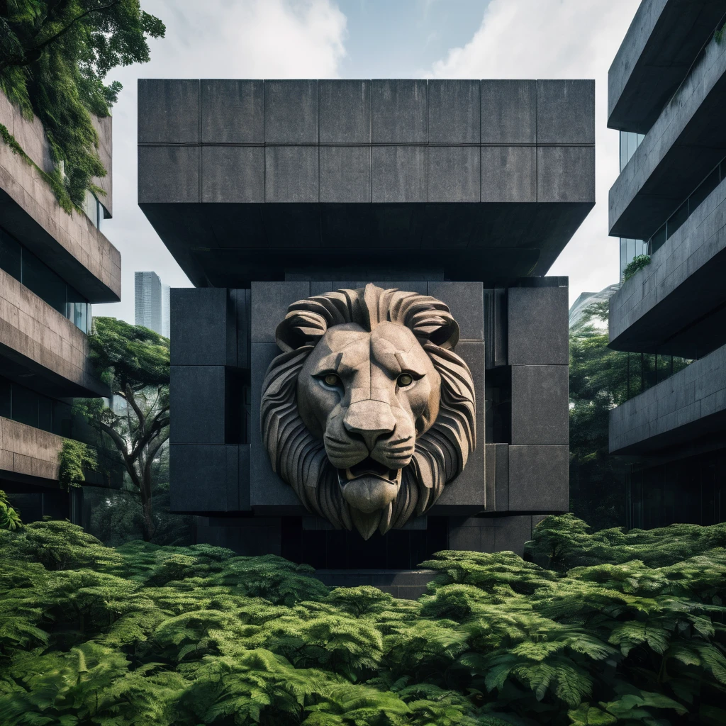 A super realistic fantasy picture of a building surrounded by only greenery. A cubic lion head is smoothly embedded into the large building that is fully cubic and brutalist in architectural structure. The lion head has an open mouth. The large office building and lion's head is made entirely of very dark stone.