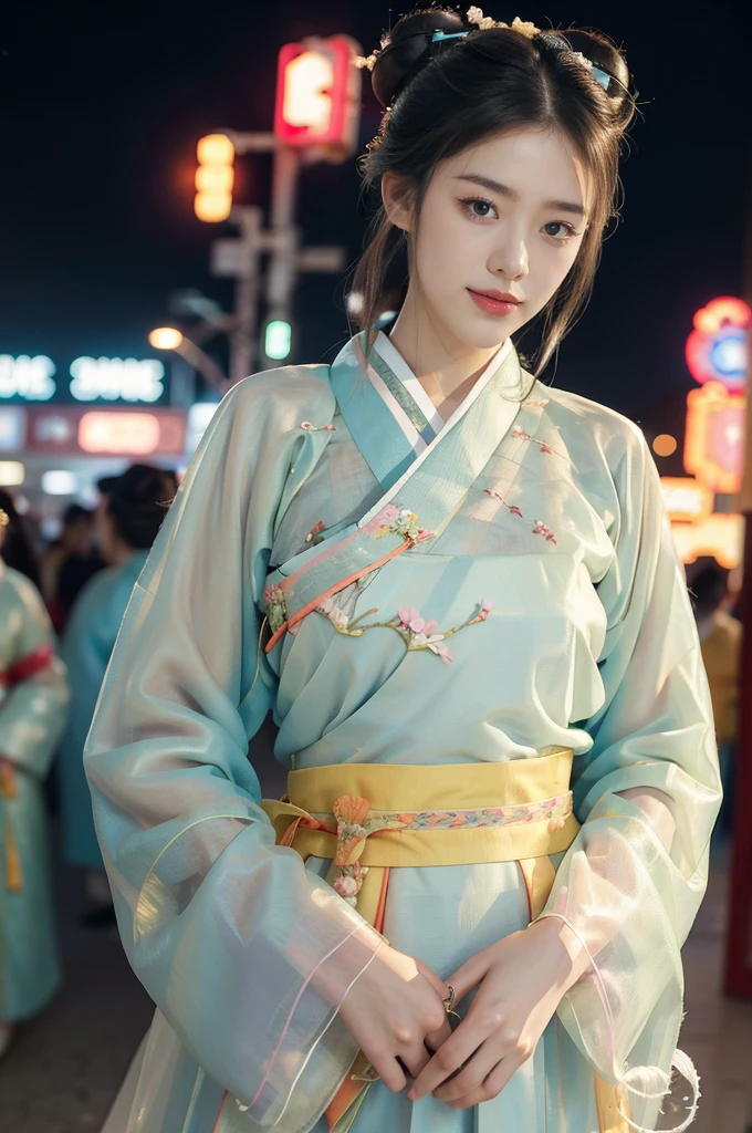 (((best quality))),(((ultra detailed))),(((masterpiece))),illustration,1girl,bun hair,(see through gauze hanbok:1.5),collar,slim,flat chest,laughing, summer night,Korean city scape, street, neon signs, beautiful, vibrant, detailed facial features,medium hair, elegance, cultural atmosphere, bustling city,tall buildings full of colorful advertisements, reflections, lively atmosphere, street food aroma,upper body