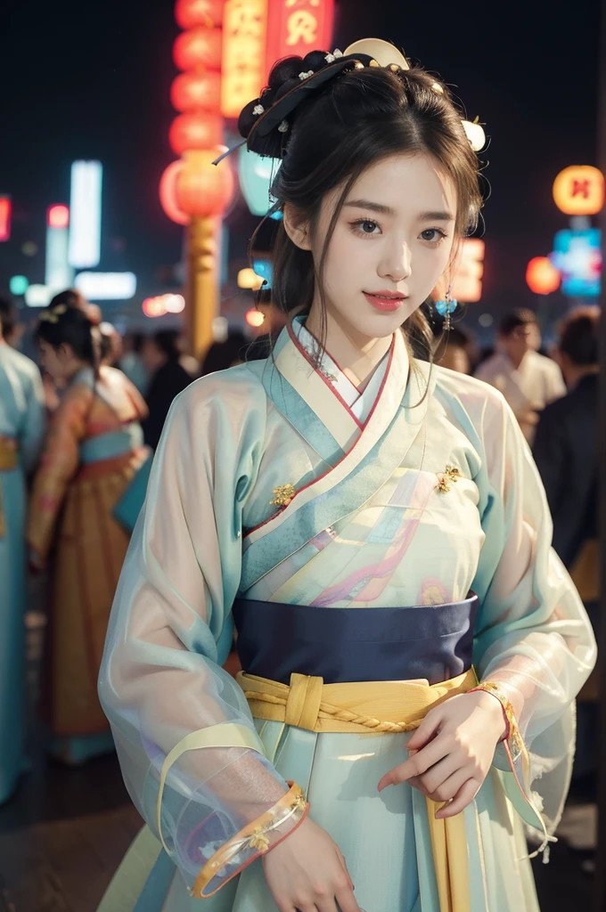 (((best quality))),(((ultra detailed))),(((masterpiece))),illustration,1girl,bun hair,(see through gauze hanbok:1.5),collar,slim,flat chest,laughing, summer night,Korean city scape, street, neon signs, beautiful, vibrant, detailed facial features,medium hair, elegance, cultural atmosphere, bustling city,tall buildings full of colorful advertisements, reflections, lively atmosphere, street food aroma,upper body