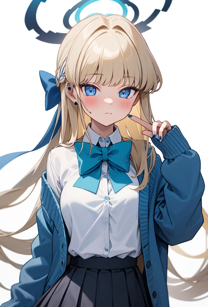 best quality, masterpiece, highres, solo, (toki_bluearchive:1.10), 1girl, looking at viewer, collared shirt, white shirt, pleated skirt, , blush, long sleeves, blue hair, closed mouth, black skirt, blue bowtie, white background, simple background, alternate costume, streaked hair, nail polish, blue cardigan, blue nails, 11 