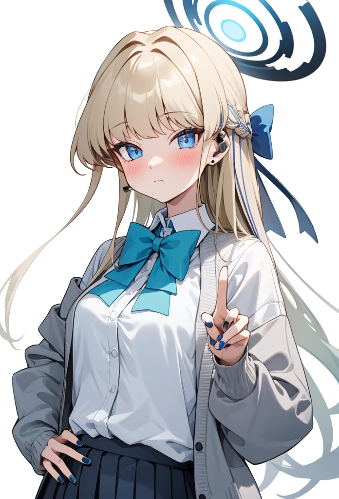 best quality, masterpiece, highres, solo, (toki_bluearchive:1.10), 1girl, looking at viewer, collared shirt, white shirt, pleated skirt, , blush, long sleeves, blue hair, closed mouth, black skirt, blue bowtie, white background, simple background, alternate costume, streaked hair, nail polish, blue cardigan, blue nails, 11 