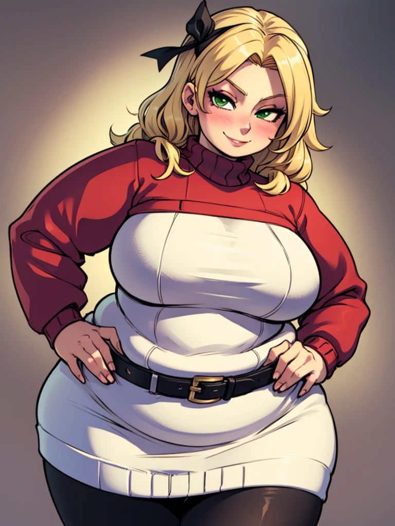 high_aesthetic,art by Lazorchef, ((Masterpiece, best quality, perfect lighting, amazing shading)), perfect anatomy, field of depth, extremely beautiful, long blonde hair, hair ribbons, green eyes, sweater dress, pantyhose, cute smile, ((fat)), [belt], blushing, (cowboy shot), (elegant pose), simple background