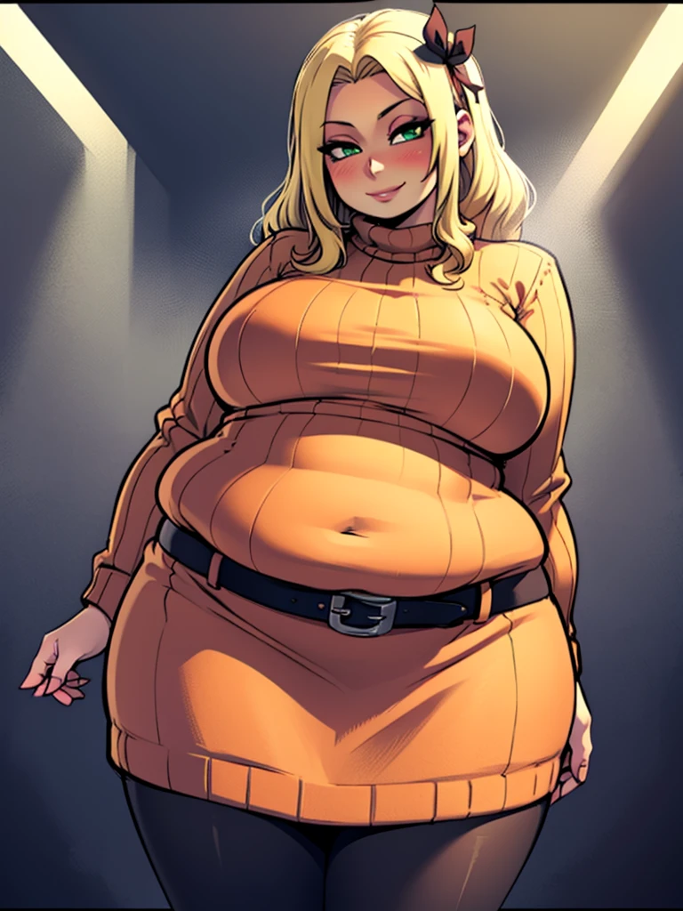 high_aesthetic,art by Lazorchef, ((Masterpiece, best quality, perfect lighting, amazing shading)), perfect anatomy, field of depth, extremely beautiful, long blonde hair, hair ribbons, green eyes, ribbed sweater, pantyhose, cute smile, ((immobile)), (wide_hips), [belt], blushing, (cowboy shot), (cute pose), simple background