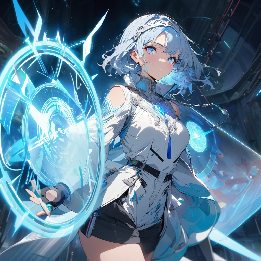 Create an image of a gentle girl with short, silvery-blue hair wearing a fitted, high-collar, long-sleeved shirt with glowing runic patterns, slim-fit cargo pants, fingerless gloves with LED strips, articulated knee guards, and sturdy, glowing-trim combat boots; she has a high-tech headband, (nude:0.8) a silver necklace with a crystal pendant, and a wrist-mounted holographic projector, and she is generating a large, translucent energy shield with intricate, glowing blue patterns, standing in a dynamic yet gentle pose with a dark, dramatic background illuminated by blue light and energy waves, detailed gorgeous face| anime style| key visual| intricate detail| highly detailed| breathtaking| vibrant| panoramic| cinematic| Carne Griffiths| Conrad Roset| gibbli 8