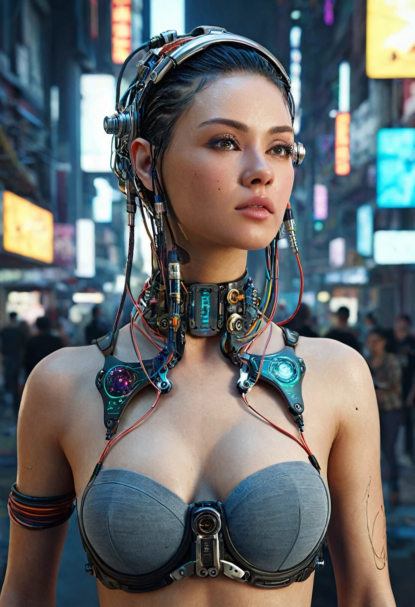 ((extremely delicate and beautiful cybernetic girl)), ((mechanical limblood vessels connected to tubeechanical vertebrae), ((mechanical cervical attaching to neck)), (wires and cables attaching to neck:1.2), ((mass of wires and cables on head)),  (character focus), (((dynamic pose))), ((cowboy shot)), (masterpiece), (((best quality))), ((ultra-detailed)), (highly detailed photorealistic CG illustration), cinematic lighting, science fiction, extremely detailed,colorful,highest detail, (((cyberpunk city background))), tattoos,