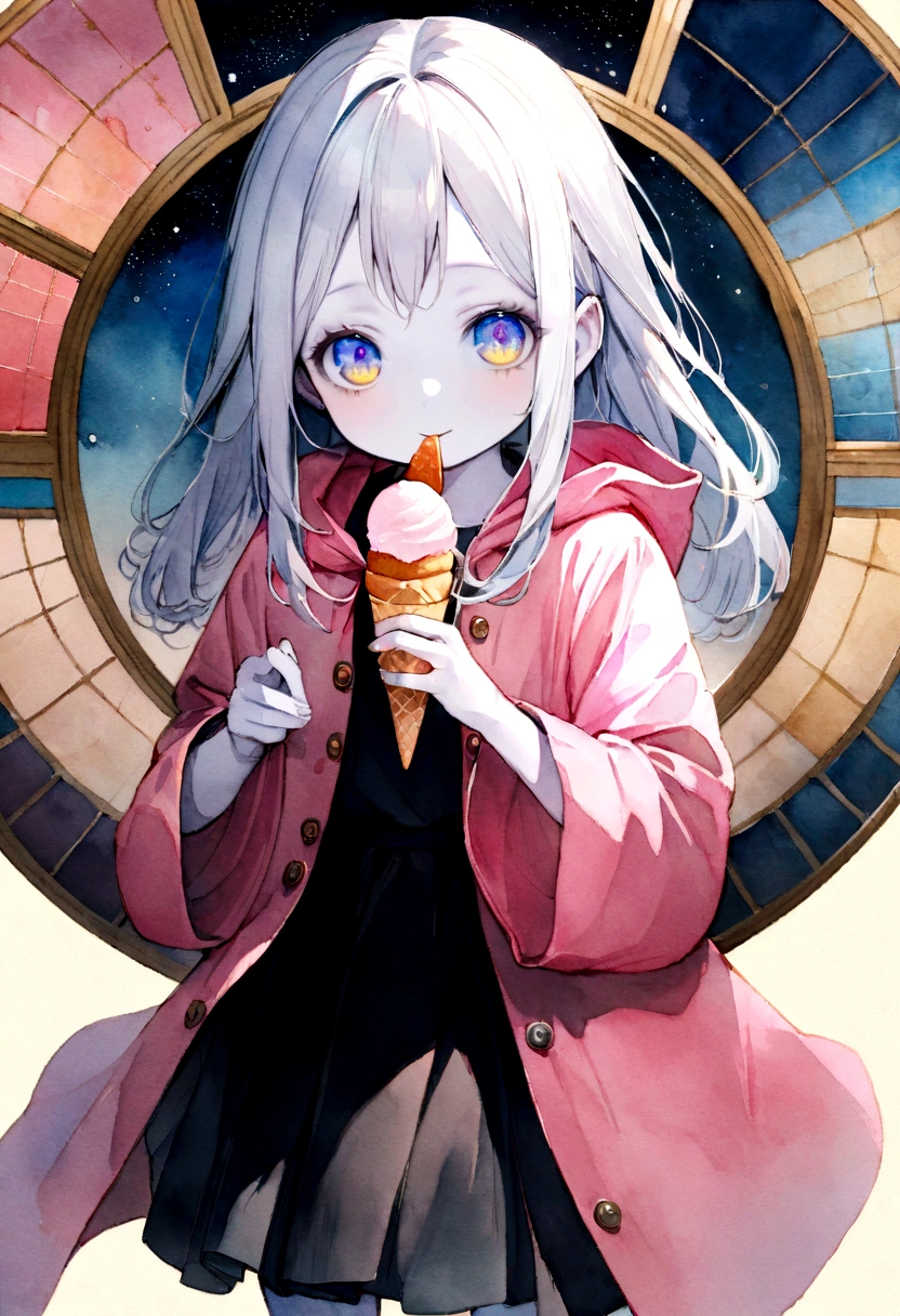 Watercolor,quality\(8k,wallpaper of extremely detailed CG unit, ​masterpiece,hight resolution,RAW photos,best qualtiy,highly detailed,the wallpaper, colorful,golden ratio\), BREAK , 1child\(female, , pretty, beautiful, detailed hair, detailed eyes, cosmic eyes, beautiful skin, white skin, long eyelashes, holding icecream,pink raincoat), black skirt, no socks, happy
