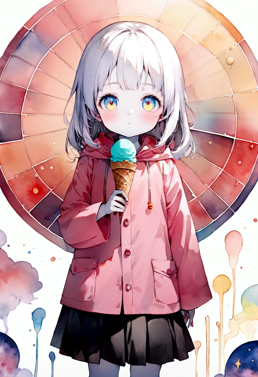 Watercolor,quality\(8k,wallpaper of extremely detailed CG unit, masterpiece,hight resolution,RAW photos,best qualtiy,highly detailed,the wallpaper, colorful,golden ratio\), BREAK , 1child\(female, 10 years old, pretty, beautiful, detailed hair, detailed eyes, cosmic eyes, beautiful skin, white skin, long eyelashes, holding icecream,pink raincoat), black skirt, no socks, happy