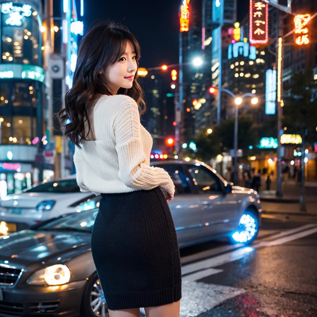 Looking back。woman. Wearing a neat knit dress。City of night。