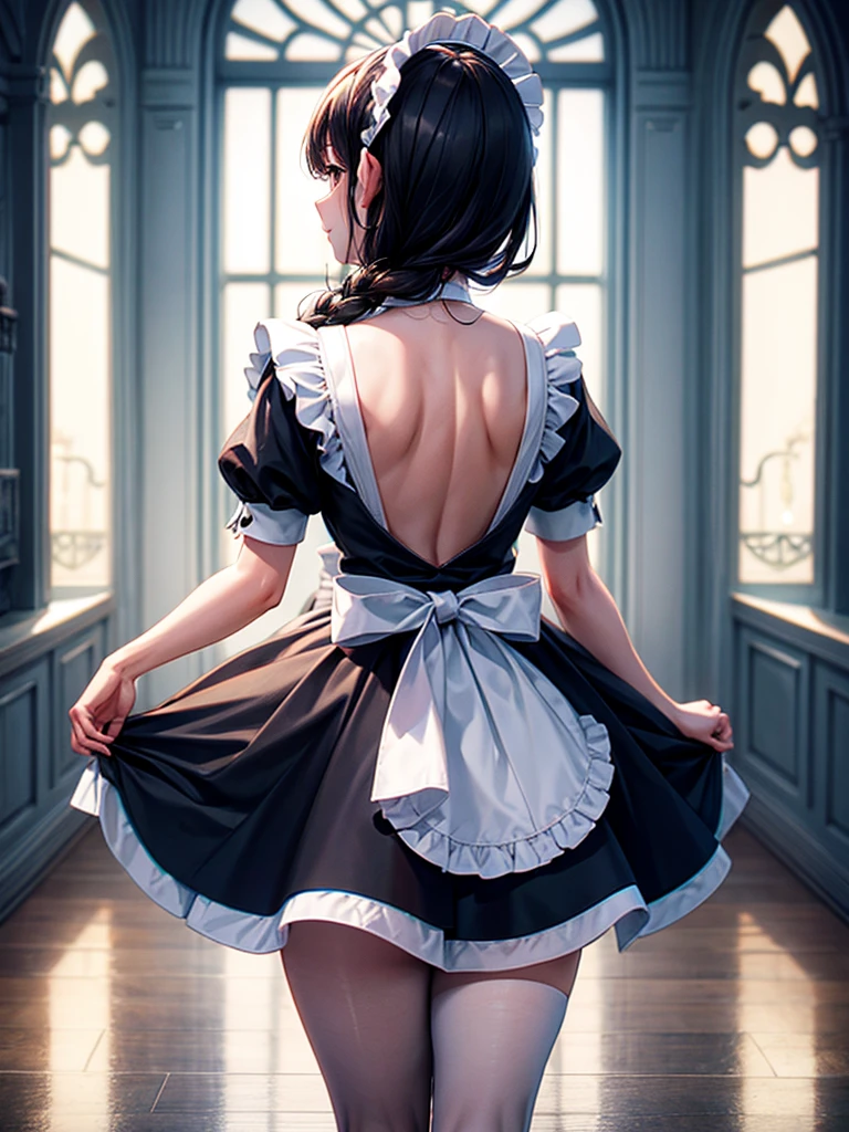 masterpiece, best quality, 1girl, detailed ass view, cloth view, mutiple different views, fullbody, standing model pose, dress, indoor, shibari, (PureErosFace_V1:0.7)