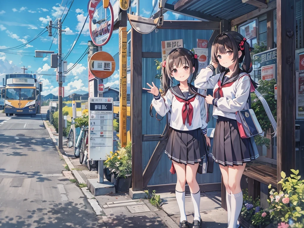 Black long hair、Beautiful girl with twin tails、Sailor suit、Bright smile、Waiting for a bus at the bus stop、The bus came into view、White clouds in blue sky、Face Highlights