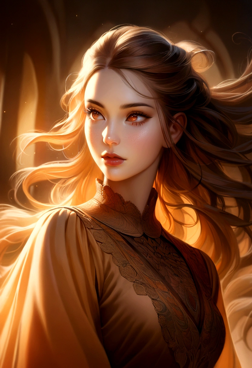 realistic beautiful woman, 1 girl, detailed face, detailed eyes, detailed lips, detailed nose, long eyelashes, flawless skin, beautiful facial features, elegant, graceful, serene expression, flowing hair, soft lighting, natural background, detailed clothing, intricate patterns, high quality, photorealistic, cinematic, dramatic lighting, warm color palette, chiaroscuro, renaissance style