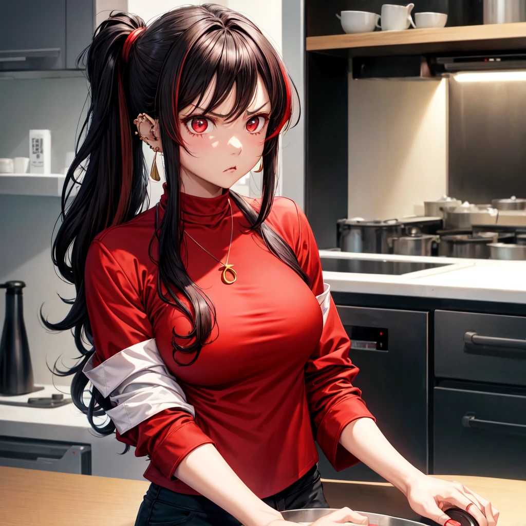 anime panel,upper body, 1girl,solo Korean, curly hair, black with red highlights, half stuck , red slanted eyes, casual clothes,black high neck blouse, necklace, ear piercings, kitchen background , angry , looking at the viewer