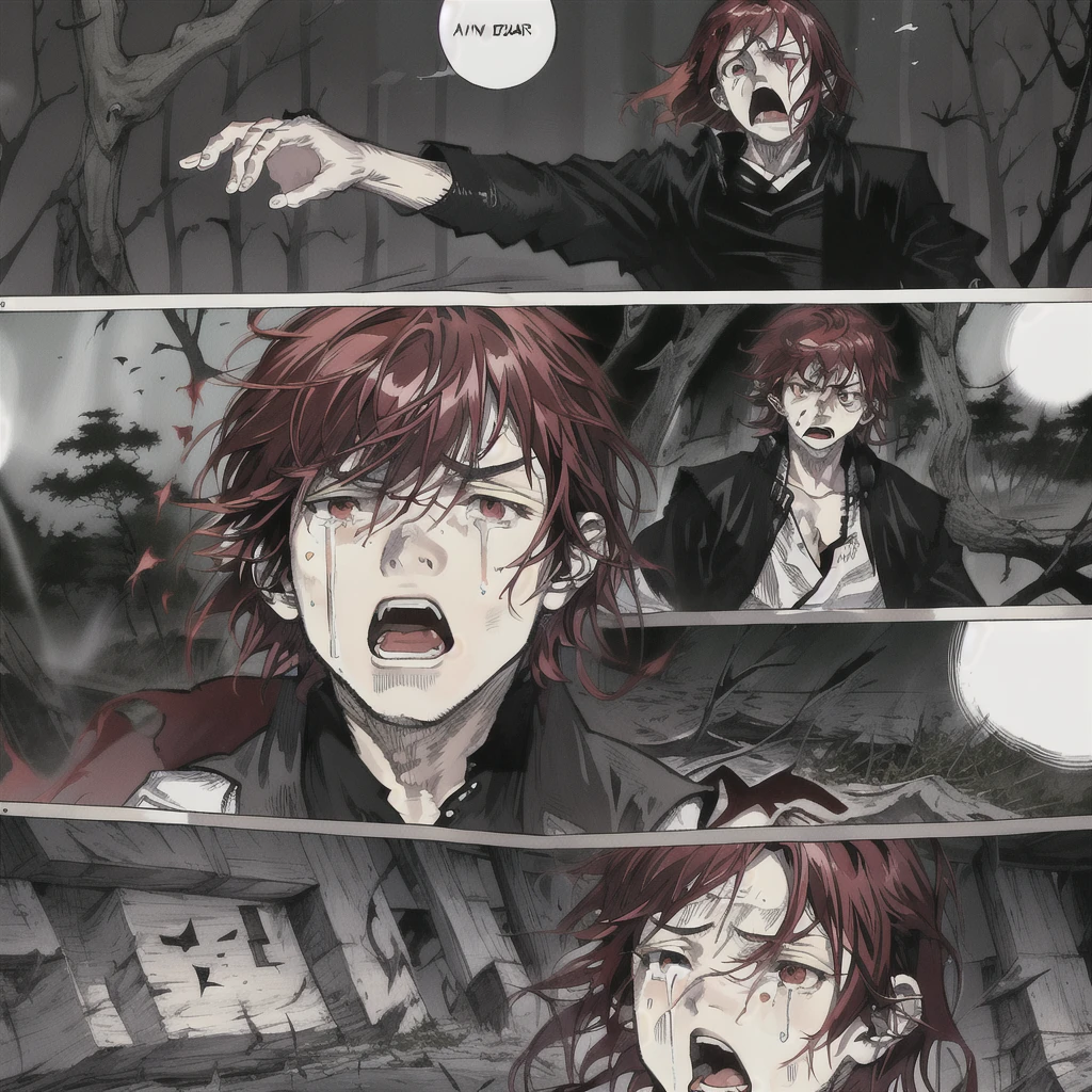 Gorgeous young male screams in anger, tears in her eyes, red head, enchanted Forest, anime style, manga, dark theme, masterpiece