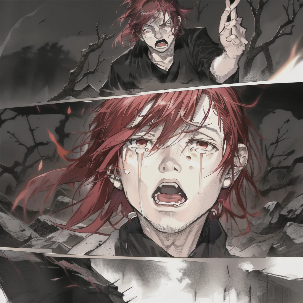 Gorgeous young male screams in anger, tears in her eyes, red head, enchanted Forest, anime style, manga, dark theme, masterpiece