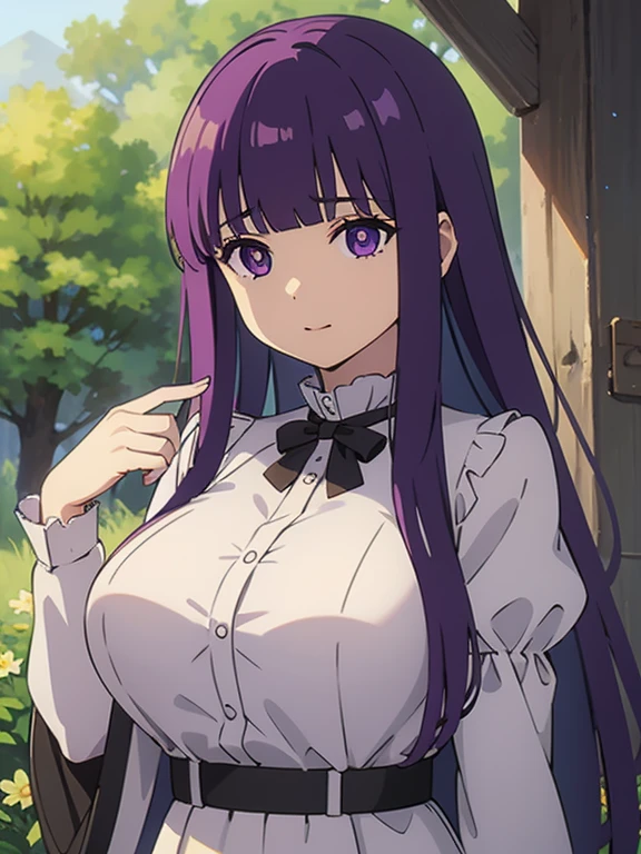 NSFW、free、Purple Hair, Long Hair, Purple eyes,  Half Up,  (Large Breasts, 1 Girl), Ruffled collar, White Dress, Center frill, button, Wide sleeves, Long sleeve, Curvy, Ruffled collar, masterpiece、Highest quality, High resolution, 8K, Official Art, Super Resolution, 非常にDetailed and beautiful, 非常にDetailed, wonderful、Detailed, 非常にDetailed美しい女の子, 非常にDetailed顔, 非常にDetailed目, 非常にDetailed肌, 非常にDetailed指, 非常にDetailed鼻, 非常にDetailed自然, forest, 非常にDetailed CG unity 16k, Very beautiful 16K CG wallpaper、
