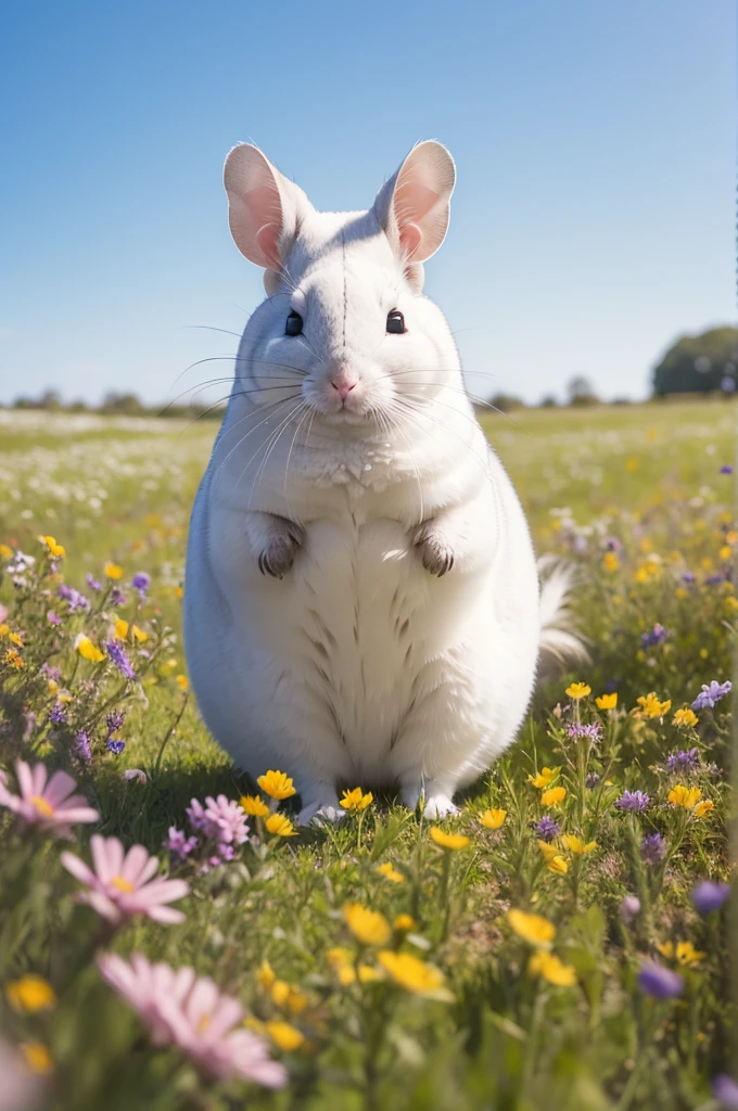 White chinchilla in a field of wildflowers.