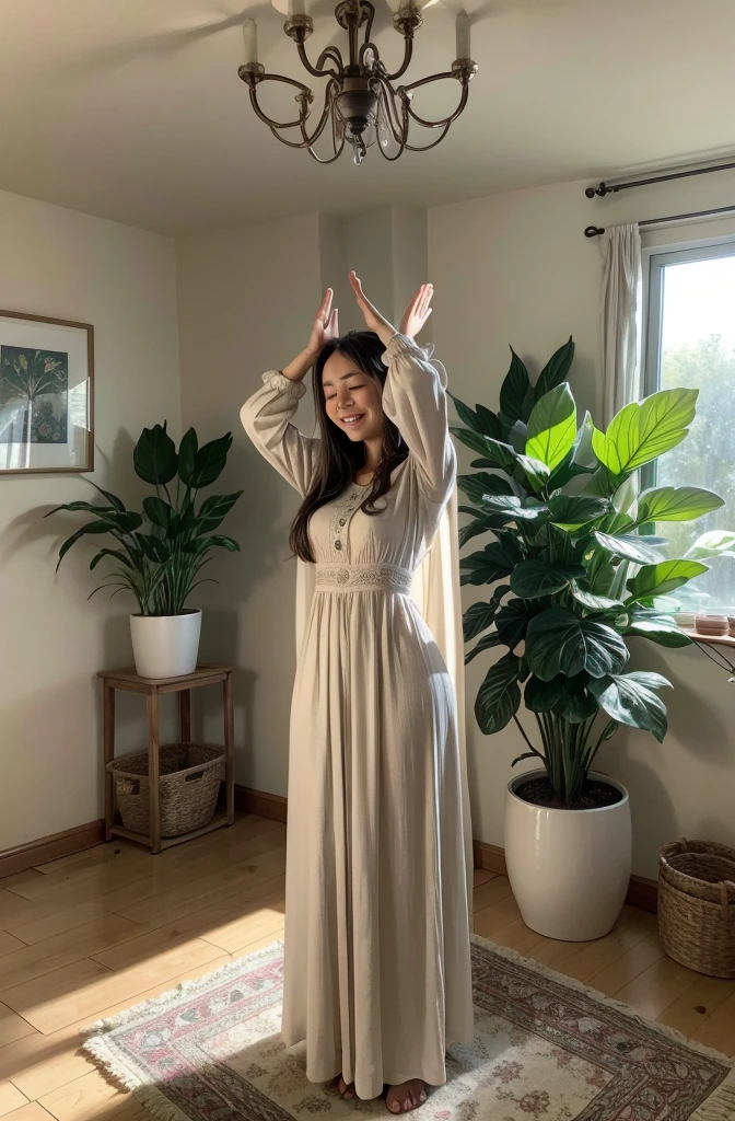 A woman in a cozy room, decorated with plants, is standing with his hands raised, in a moment of happy prayer and gratitude to God. Your face expresses serenity and joy."