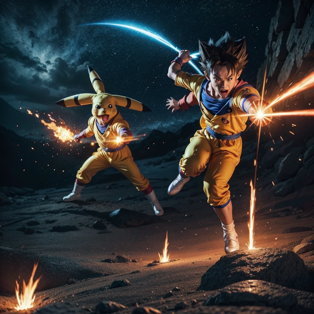 Pikachu in Goku outfit firing Kamehameha, Pikachu in Vegeta outfit, detailed 3D render, extremely detailed, 8k, cinematic lighting, dramatic camera angle, dynamic poses, vivid colors, hyperrealistic, professional quality, fantasy, anime style