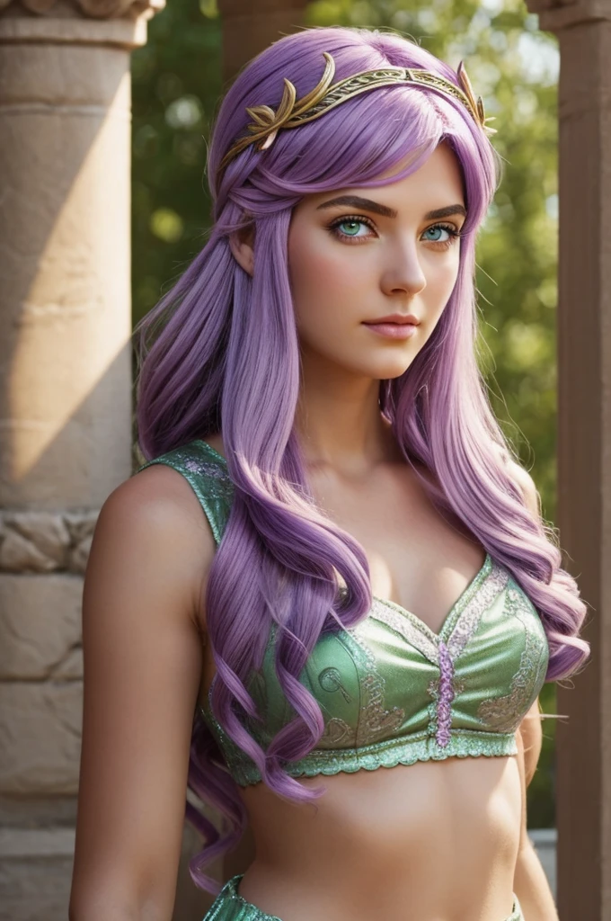 The goddess Athena in human appearance and lilac hair and green eyes