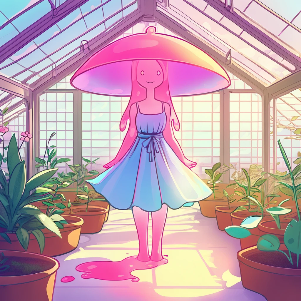 A slime girl with translucid rosy-pink skin and a sundress stands in a greenhouse under a skylight as light shines down upon her in color shift art style