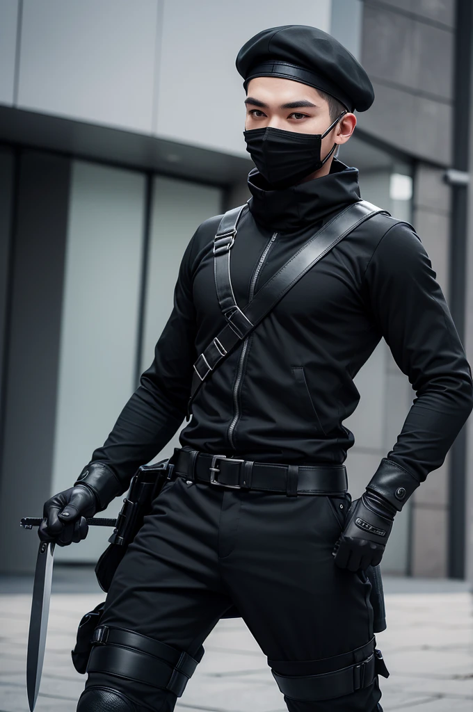 1 man, black uniform, Black cap, Black balaclava, fingerless gloves, black combat boots, knife in the right hand, dinamic pose