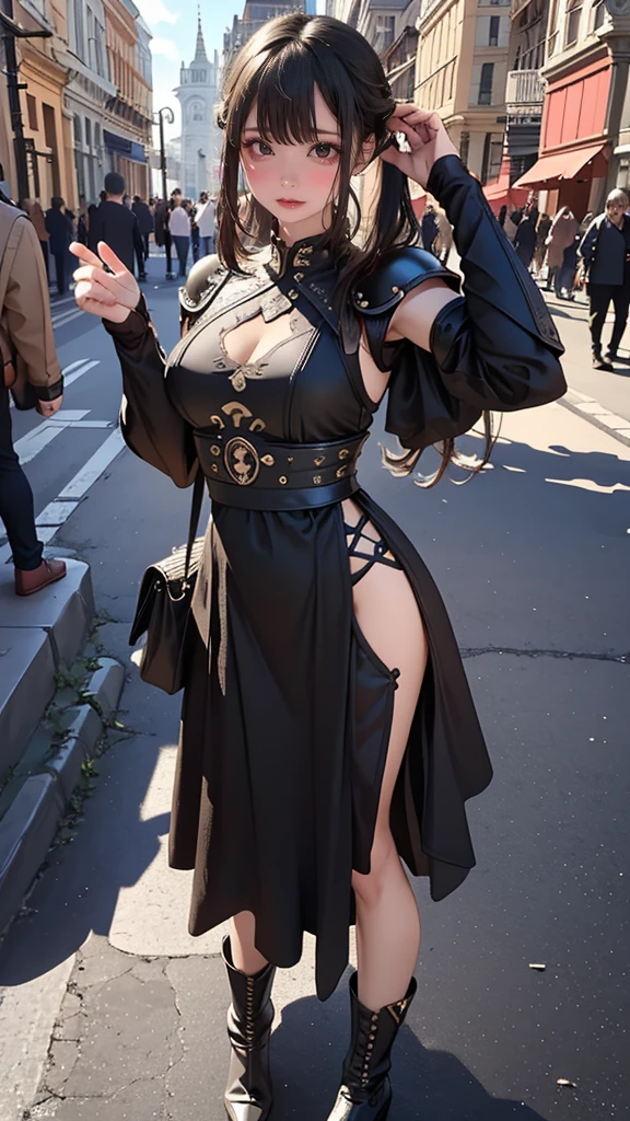 looking back,(fighting pose),(leather boots,(asymmetrical armor),(long embroidered cute dress,see through,lift up the hem of the dress)),(random hairstyle),(Thin type:1.5),(large breasts),(Highest image quality,(8K), Ultra-realistic, Best Quality, High quality, High Definition, high quality texture, high detailing, Beautiful detailed, fine detailed, extremely details CG, Detailed texture, realistic representation of face, masterpiece, presence)