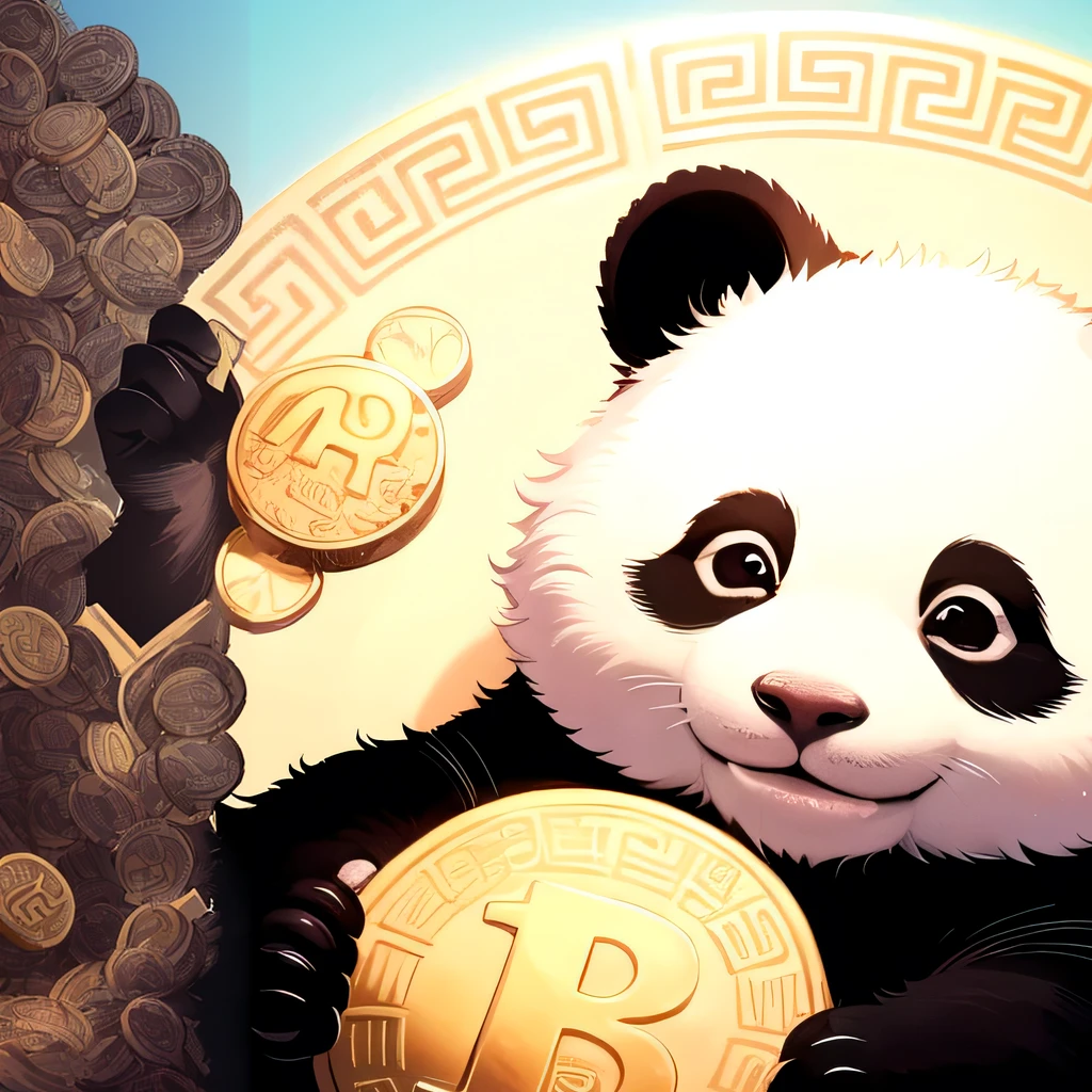 panda bear holding a coin on a plate with blue background, Satoshi, just kidding, panda, bitcoins, panda panda panda, crypto, cryptocurrency, cute panda, adorable digital painting, by Yang J, cute detailed digital art, by Brian Thomas, inspired by Zhu Da, by Luis Miranda, fanart oficial