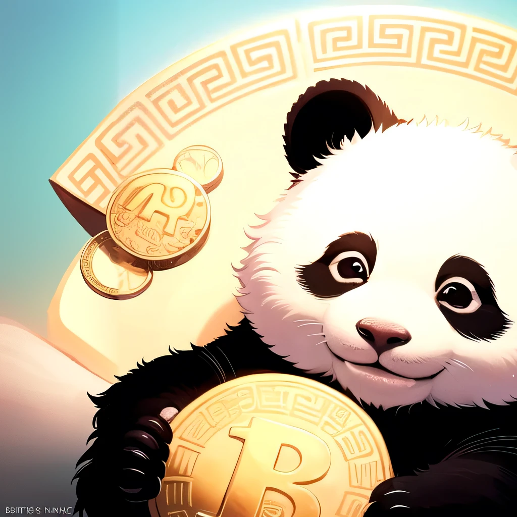 panda bear holding a coin on a plate with blue background, Satoshi, just kidding, panda, bitcoins, panda panda panda, crypto, cryptocurrency, cute panda, adorable digital painting, by Yang J, cute detailed digital art, by Brian Thomas, inspired by Zhu Da, by Luis Miranda, fanart oficial