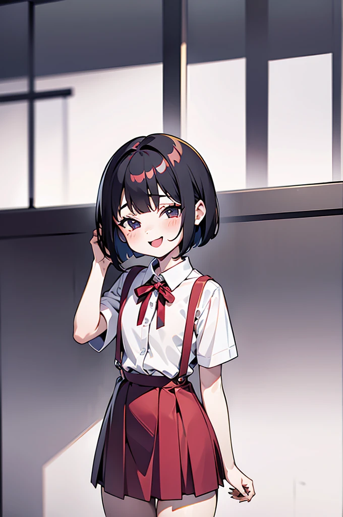 1girl, hanako-san, dress shirt, short sleeve, red suspender skirt, blush, :D, bob cut, black hair,