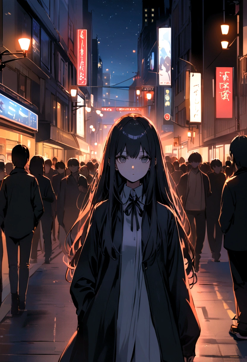 at night, the lights are on, The street, the traffic, The crowd, the long-haired girl walks alone