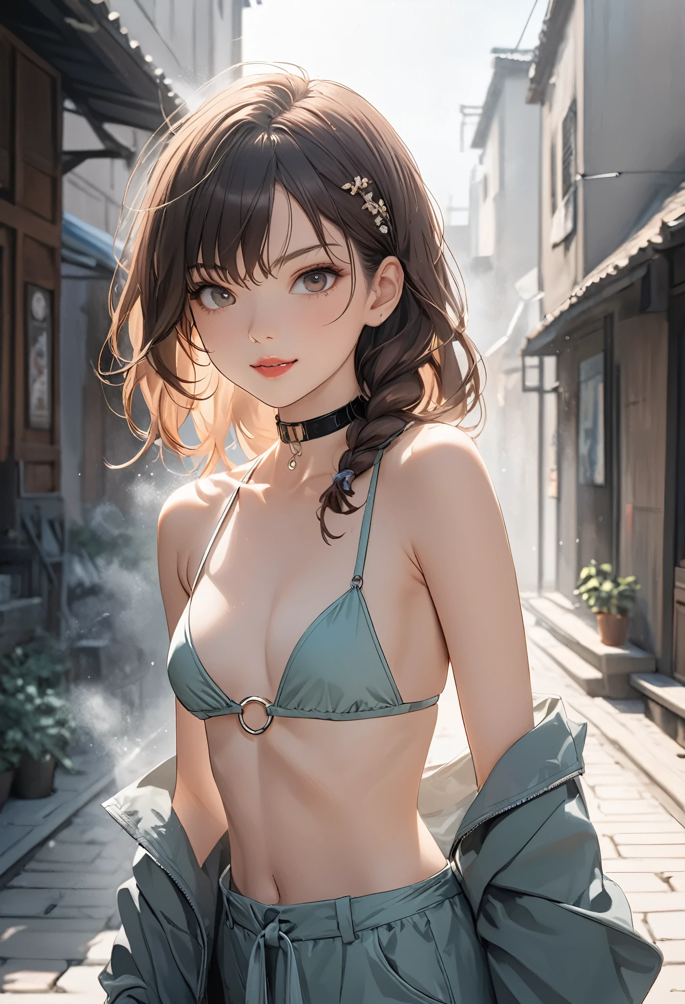 ((Masterpiece)), ((best quality)), (Anime:1.5), (RAW photo:1.2),(High Definition:1.3), (Professional Photography:1.2), (sharp focus), (perfect light),1girl, (smug), (Glossy lips), upper body, looking at viewer, (loose bikini top), O-ring, braid, ((loose pants pull up)), choker, pale brown hair, small breast, cute hips, (mist effect:1.3), (on the steps of a building),(super detail:1.2), 