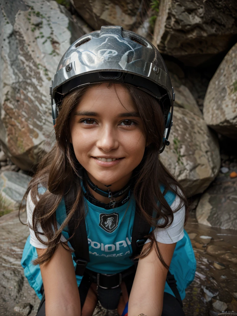 Kids,  young girl wearing a climbing harness and helmet, climbing on rocky mountains, holding onto the rocks with both hands, smiling with a sincere and pleasant expression, beautiful detailed eyes, long hair escaping from under the helmet in a natural color, photographic quality, 4k, extremely detailed facial features and eyes, high quality, detailed, realistic, warm color tones, "Kowalscy Team" inscription on the t-shirt
