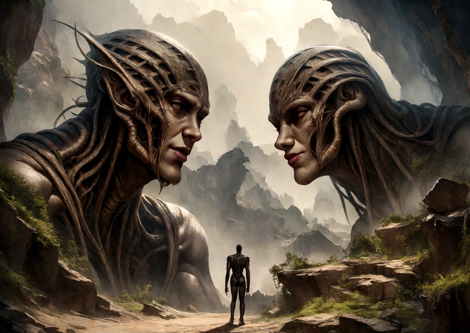 There are two alien people(soft human features) with horns and body paint, alien man with alien woman, zbrush contest winner, jessica rossier e brian froud, alien hybrids, female humanoid creature, saurians, Sylvain Sarrailh e Igor Morski, hyperdetailed fantasy character, concept creature character art, zbrush central contest winner, ancient humanoid beings, full body on show, strong and anatomically perfect bodies, white  hair