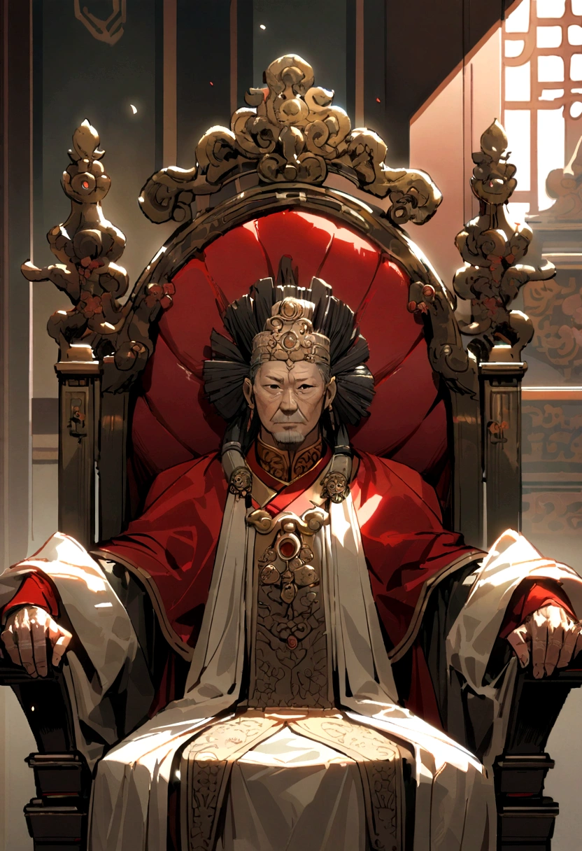 An old Chinese king sitting on a chair in the palace