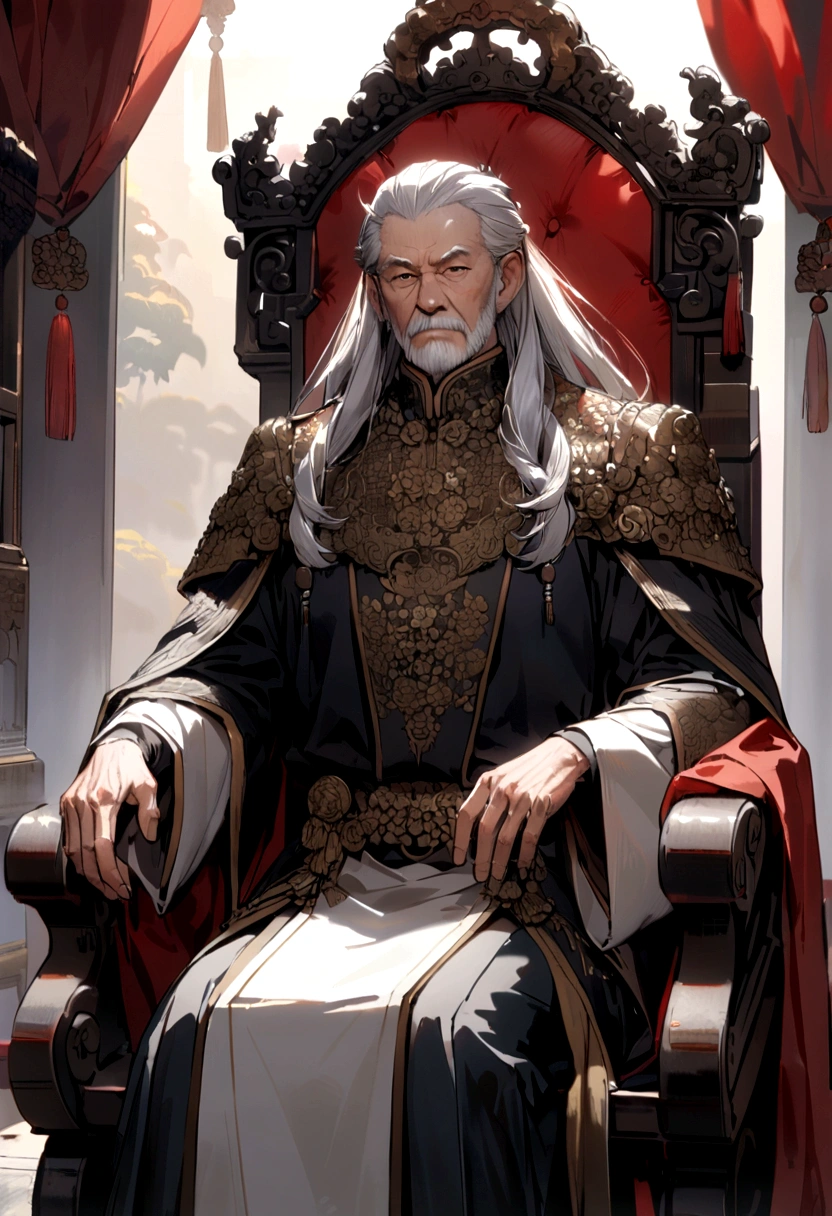 An old Chinese king sitting on a chair in the palace