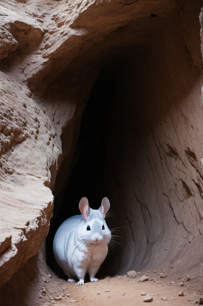 White chinchilla exploring a mysterious cave.