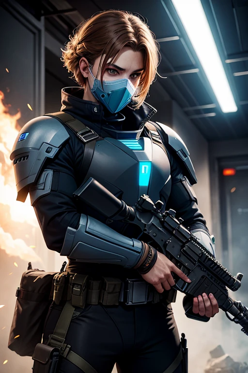 Soldier, futurist, with assault rifle, hull, tactical mask , blue lights, light armor