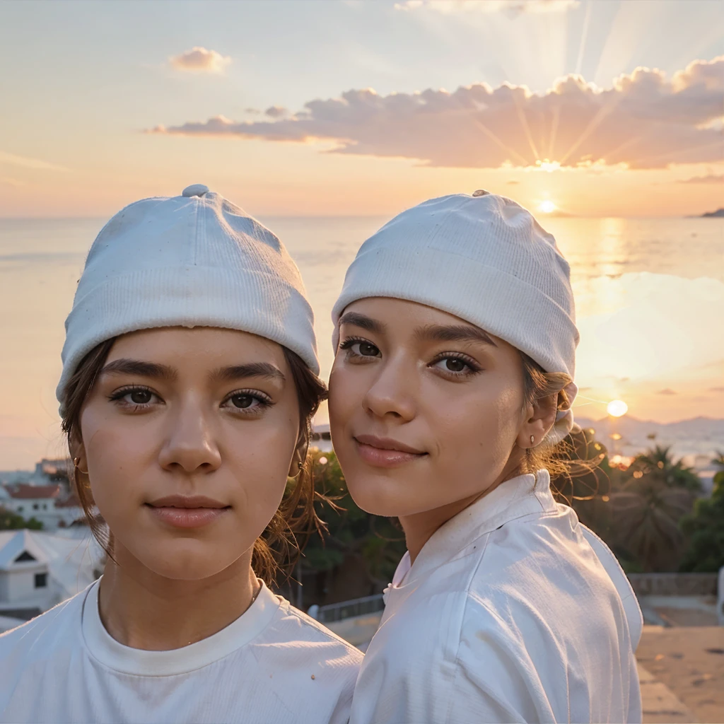 A couple, white clothes, sunset background