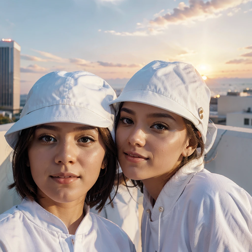 A couple, white clothes, sunset background