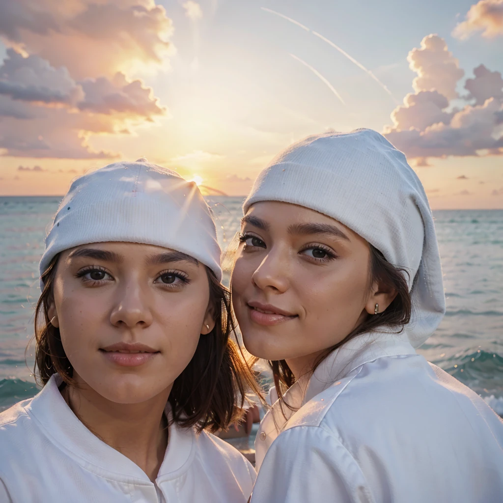 A couple, white clothes, sunset background