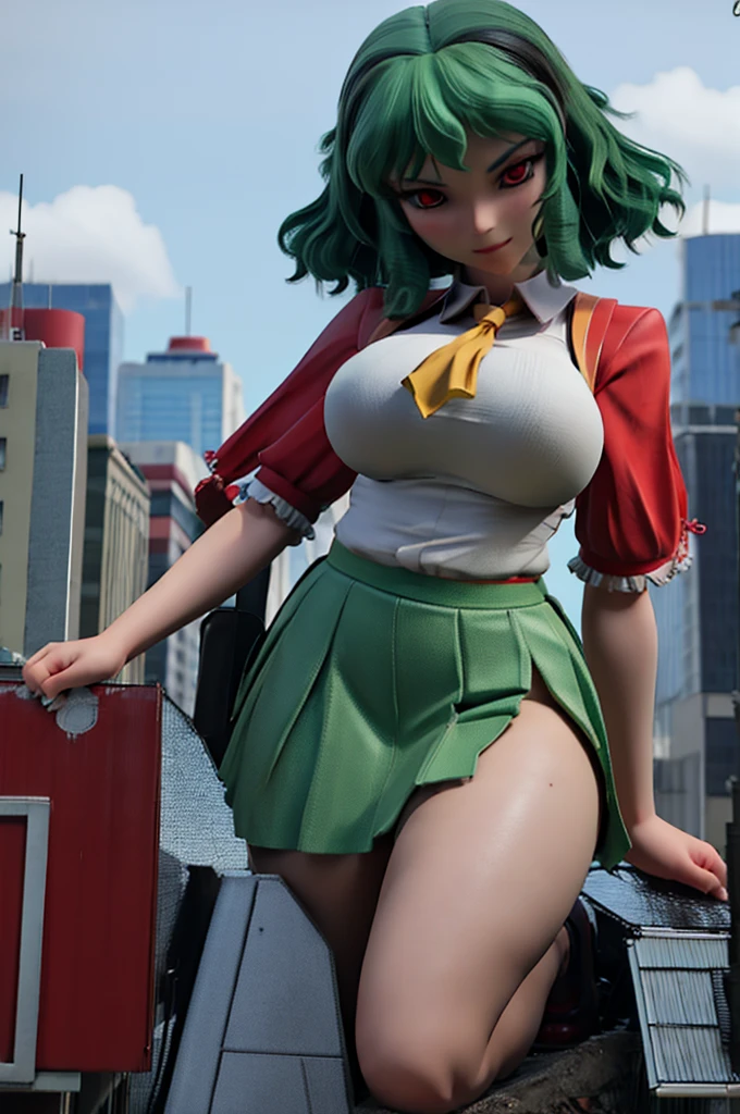 3d, yuuka kazami, giantess, towering over a city, massive breasts, green short hair, red eyes, on a streen